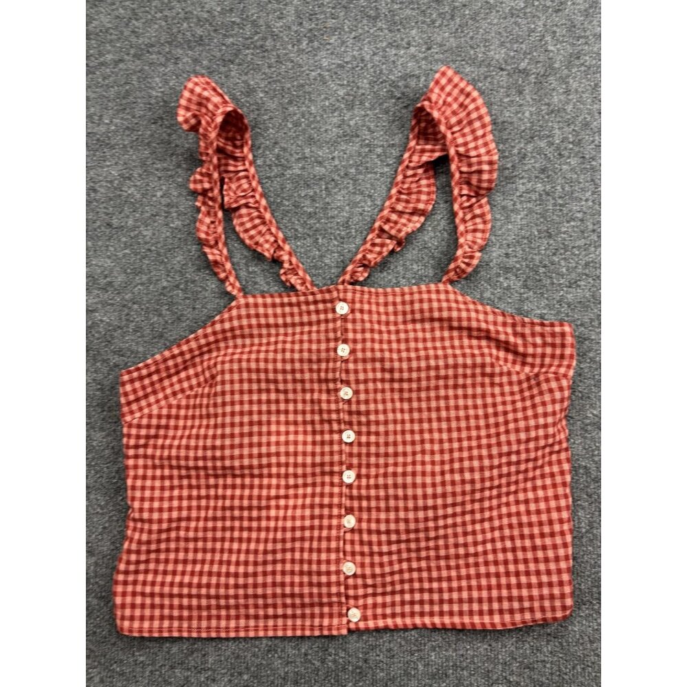 Rhythm Tank Top Womens XL Red Check Ruffle Strap Button Front Camisole Cropped